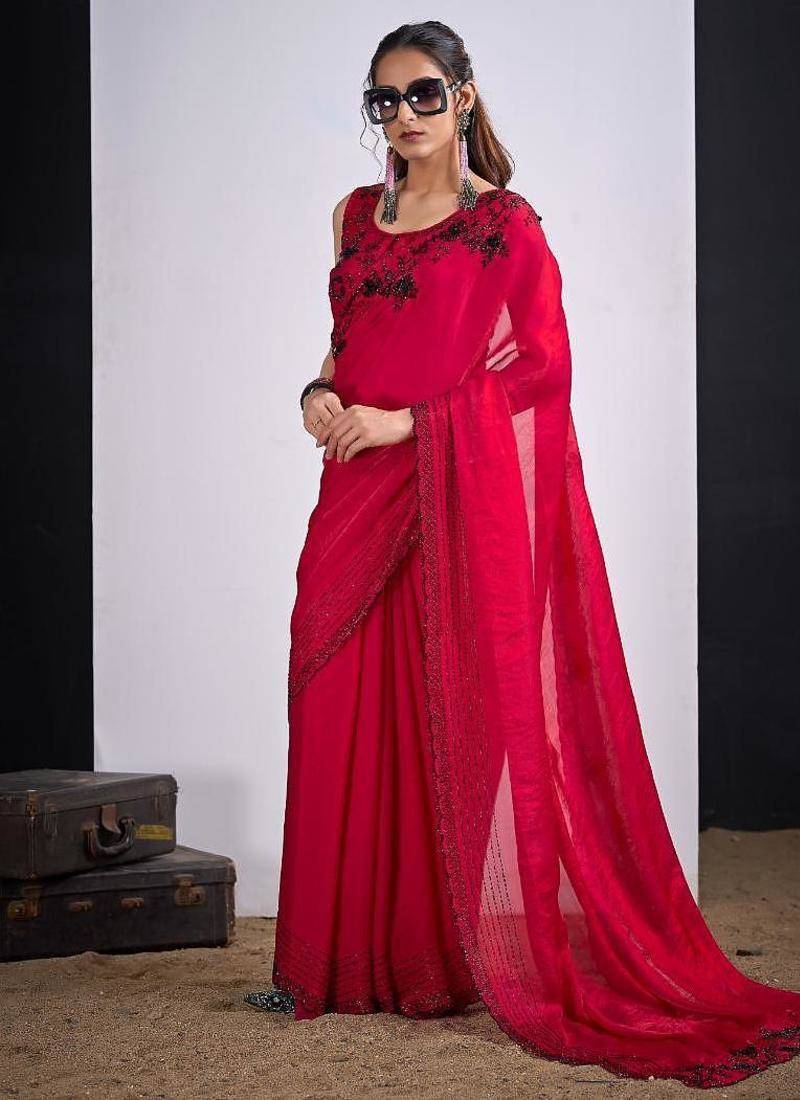 Rani color fendy silk two tone zircon sequence butta work saree