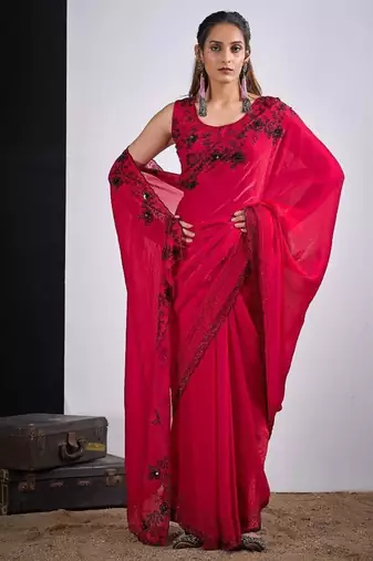 Rani color fendy silk blend two tone zircon sequence butta work saree