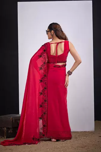 Rani color fendy silk blend two tone zircon sequence butta work saree