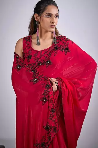 Rani color fendy silk blend two tone zircon sequence butta work saree