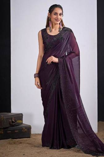 Purple color fendy silk two tone zircon sequence butta work saree