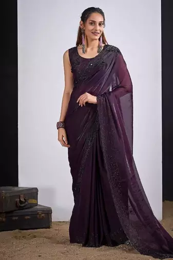 Purple color fendy silk two tone zircon sequence butta work saree