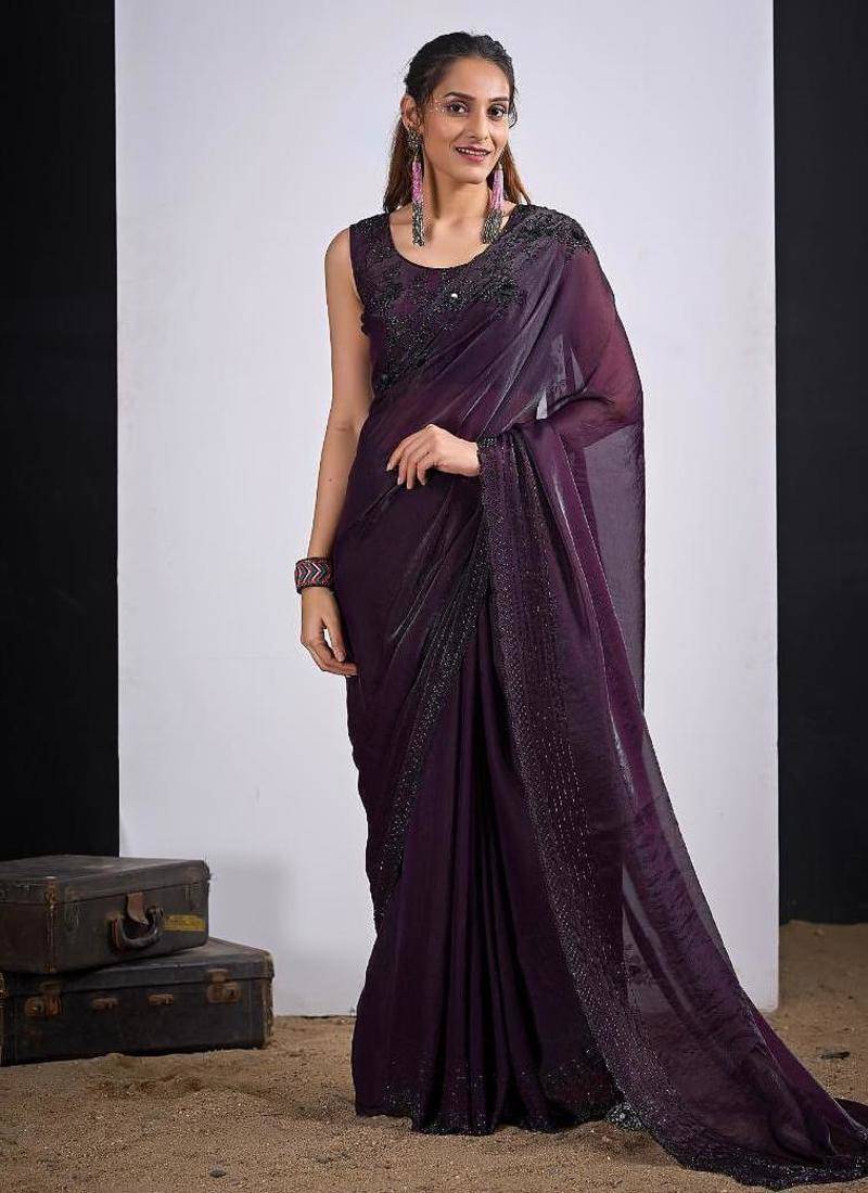 Purple color fendy silk two tone zircon sequence butta work saree