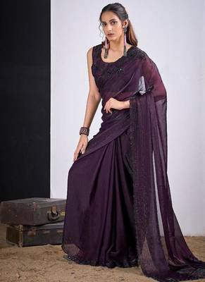 Purple color fendy silk blend two tone zircon sequence butta work saree 2