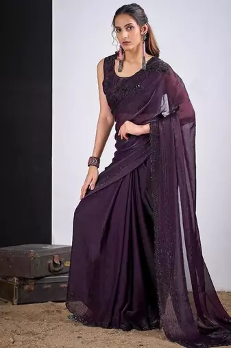 Purple color fendy silk blend two tone zircon sequence butta work saree