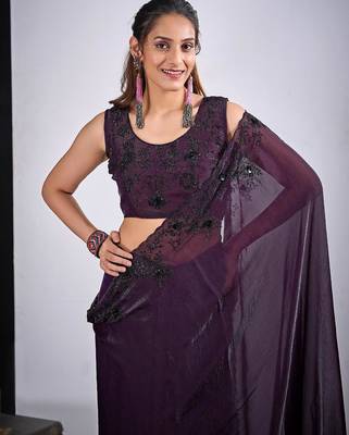 Purple color fendy silk blend two tone zircon sequence butta work saree 4