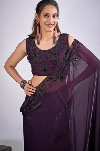 Purple color fendy silk blend two tone zircon sequence butta work saree
