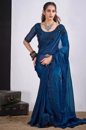 Morpeach color fendy silk blend two tone zircon sequence butta work saree