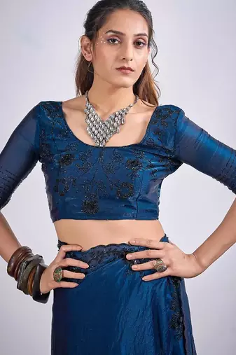 Morpeach color fendy silk blend two tone zircon sequence butta work saree