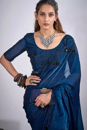 Morpeach color fendy silk blend two tone zircon sequence butta work saree