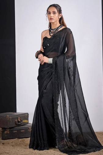 Black color fendy silk two tone zircon sequence butta work saree