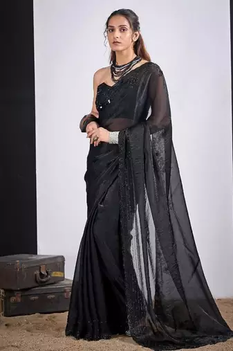 Black color fendy silk two tone zircon sequence butta work saree