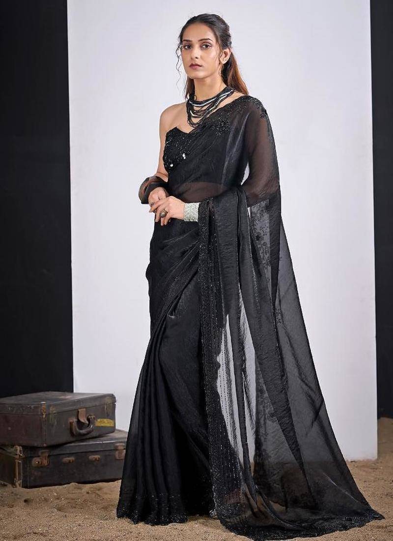 Black color fendy silk two tone zircon sequence butta work saree