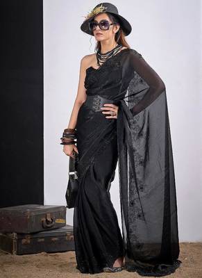 Black color fendy silk blend two tone zircon sequence butta work saree 2