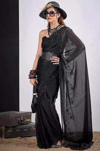 Black color fendy silk blend two tone zircon sequence butta work saree