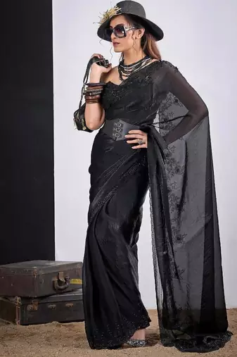Black color fendy silk blend two tone zircon sequence butta work saree