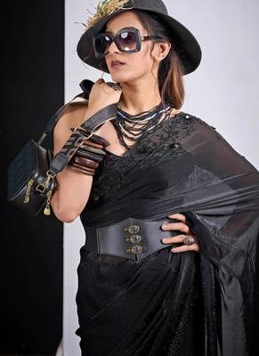 Black color fendy silk blend two tone zircon sequence butta work saree 5