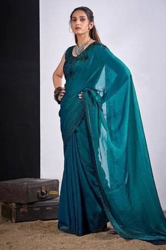Rama color fendy silk two tone zircon sequence butta work saree