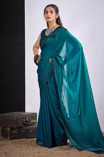 Rama color fendy silk two tone zircon sequence butta work saree