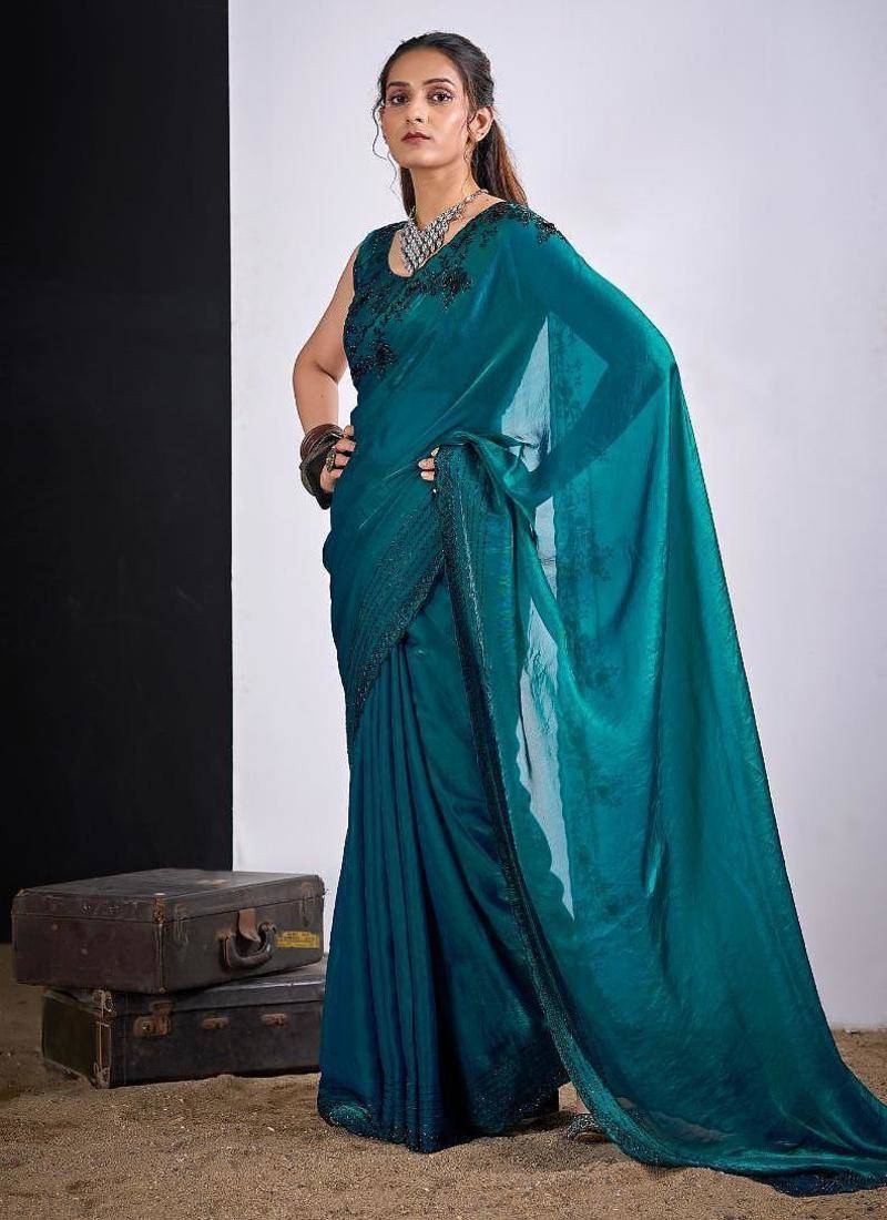 Rama color fendy silk two tone zircon sequence butta work saree