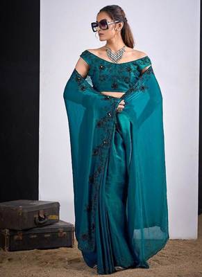 Rama color fendy silk blend two tone zircon sequence butta work saree 2