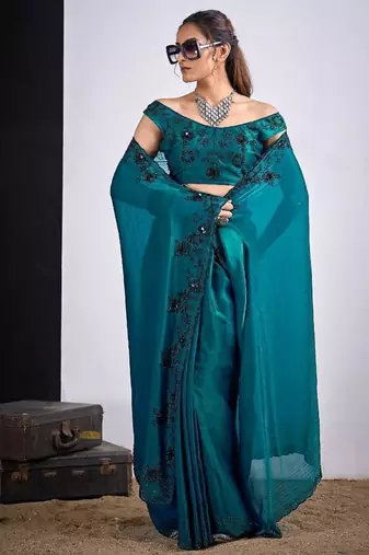 Rama color fendy silk blend two tone zircon sequence butta work saree
