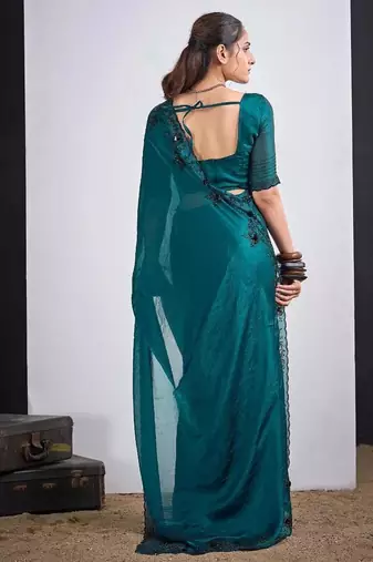Rama color fendy silk blend two tone zircon sequence butta work saree