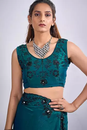 Rama color fendy silk blend two tone zircon sequence butta work saree