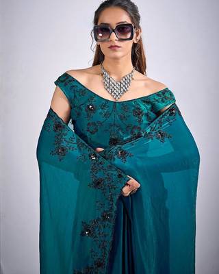 Rama color fendy silk blend two tone zircon sequence butta work saree 5