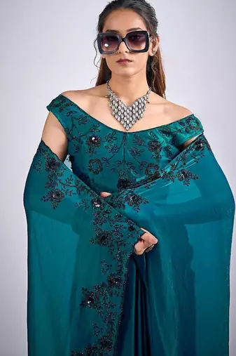 Rama color fendy silk blend two tone zircon sequence butta work saree