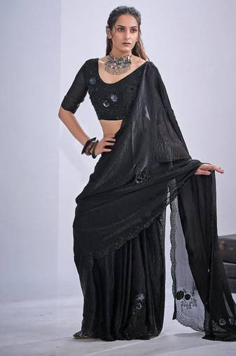Black color fendy satin silk two tone zircon cut dana & sequence hand work saree
