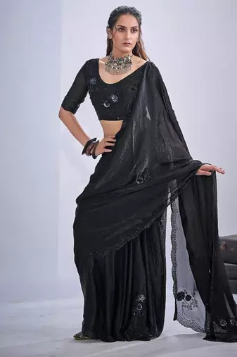 Black color fendy satin silk two tone zircon cut dana & sequence hand work saree