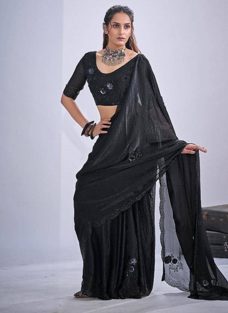 Black color fendy satin silk two tone zircon cut dana & sequence hand work saree