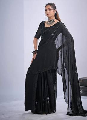 Black fendy satin silk blend two tone zircon cut dana & sequence hand work saree 2