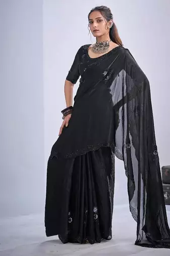 Black color fendy satin silk blend two tone zircon cut dana & sequence hand work saree
