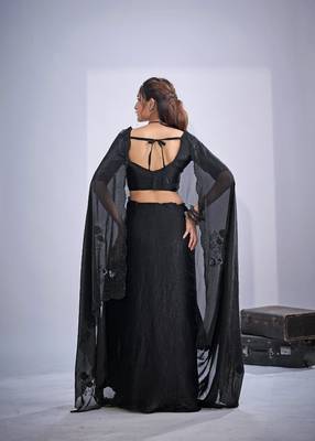 Black fendy satin silk blend two tone zircon cut dana & sequence hand work saree 3