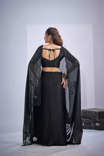 Black color fendy satin silk blend two tone zircon cut dana & sequence hand work saree