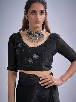 Black fendy satin silk blend two tone zircon cut dana & sequence hand work saree 4