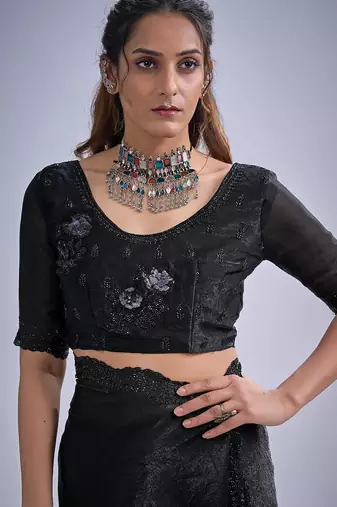 Black color fendy satin silk blend two tone zircon cut dana & sequence hand work saree