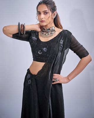 Black fendy satin silk blend two tone zircon cut dana & sequence hand work saree 5