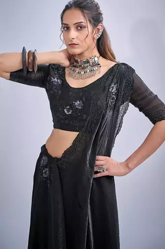 Black color fendy satin silk blend two tone zircon cut dana & sequence hand work saree