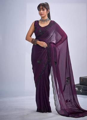 Purple color fendy satin silk blend two tone zircon cut dana & sequence hand work saree 1