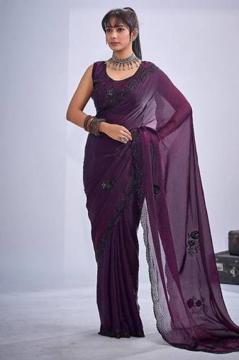 Purple color fendy satin silk two tone zircon cut dana & sequence hand work saree