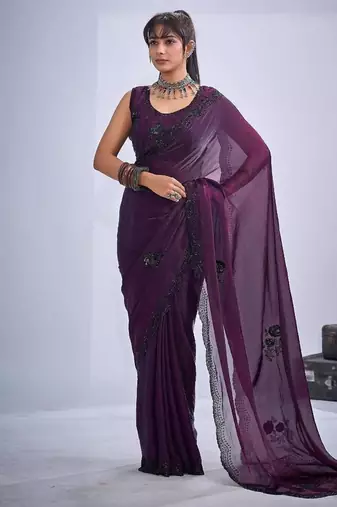 Purple color fendy satin silk two tone zircon cut dana & sequence hand work saree