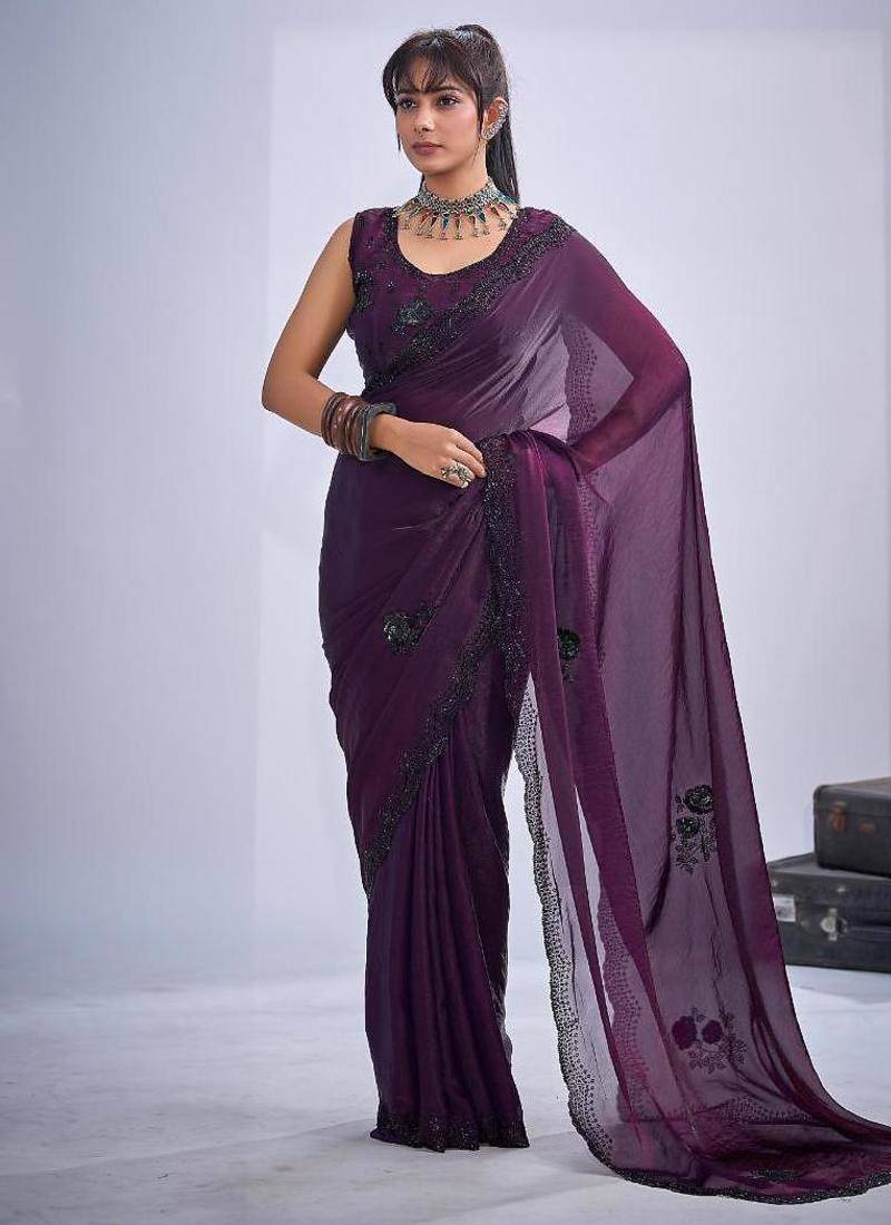 Purple color fendy satin silk two tone zircon cut dana & sequence hand work saree