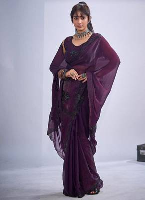 Purple color fendy satin silk blend two tone zircon cut dana & sequence hand work saree 2