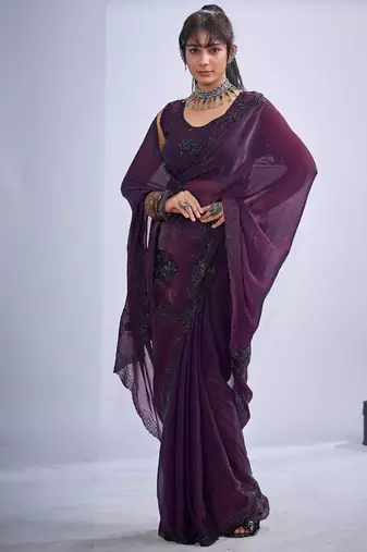 Purple color fendy satin silk blend two tone zircon cut dana & sequence hand work saree