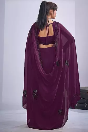 Purple color fendy satin silk blend two tone zircon cut dana & sequence hand work saree