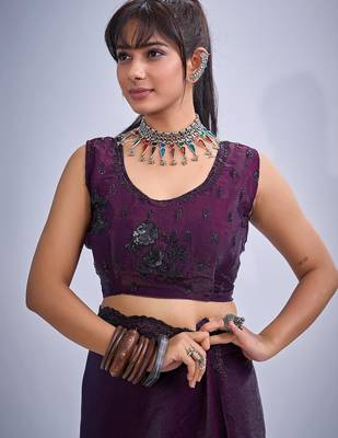 Purple color fendy satin silk blend two tone zircon cut dana & sequence hand work saree 4