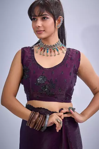 Purple color fendy satin silk blend two tone zircon cut dana & sequence hand work saree